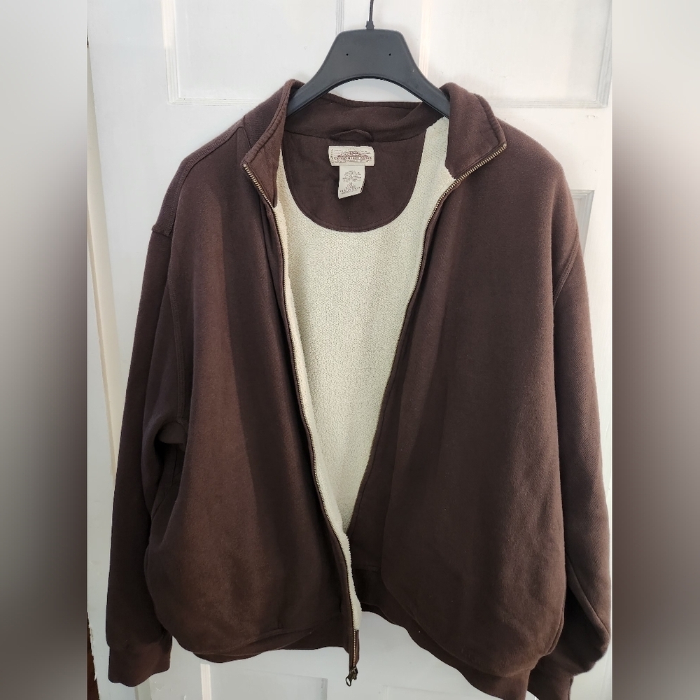 L.L.Bean Katahdin Iron Works brown full-zip track jacket with a fleece lining
